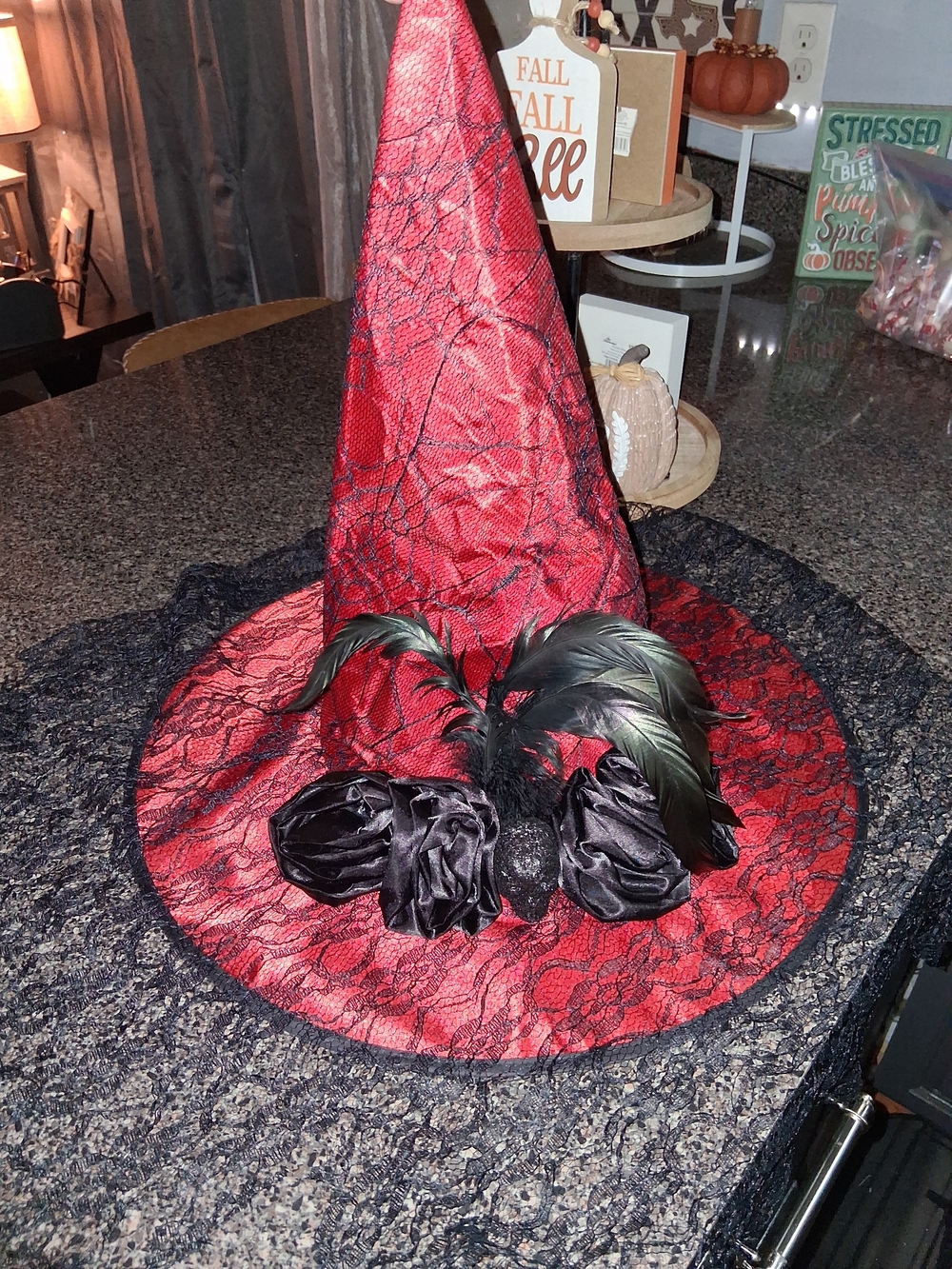 Red Lace Witch Hat with Black Feather & Rosette Trim - Picture 3 of 4